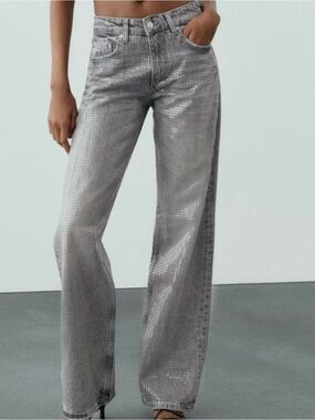 ZARA Mid-Rise Wide-Leg Clear Sequin Foil Jeans Light Gray Wash Denim Size 4